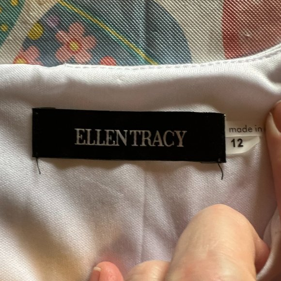 Ellen Tracy White Sheath Dress, Lined - Sash Belt, Back Zip - 12 - Picture 5 of 6